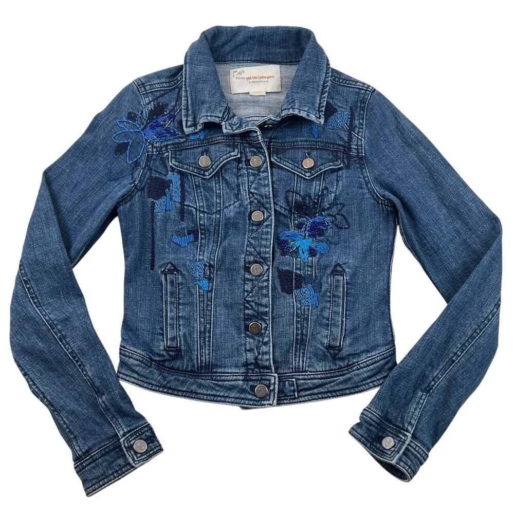 Pilcro Anthropologie Beaded Embroidered Denim Jacket Womens XS Blue Floral